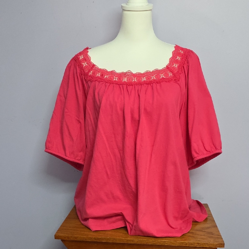 Talbots Bright Pink Blouse with Lace Trim